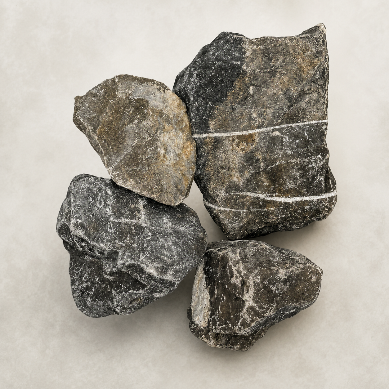 Le Ballast : éclats anguleux de granit concassé gris, posés sur fond beige.